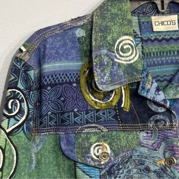 Chico’s | Women’s Mixed Artisan Blue Green Denim Jacket Coat - Picture 3 of 16